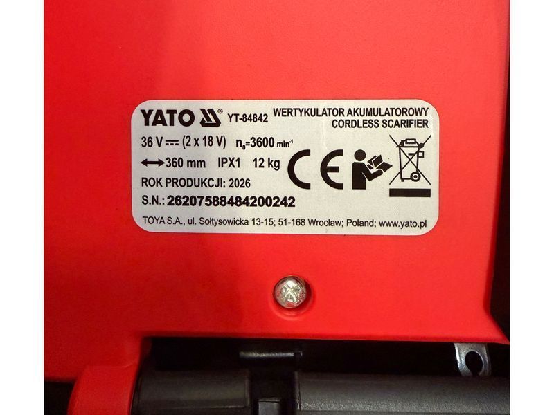 Бездротовий скарифікатор і аератор 36 см (двигун BL; корпус) YATO YT-84842 YT-84842 фото